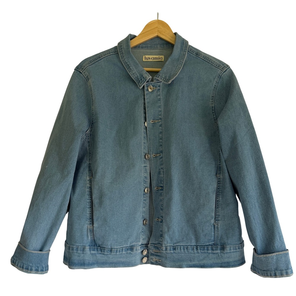 luvamia Womens Light Wash Blue Stretch Denim Trucker Jacket Large LC788529-P804